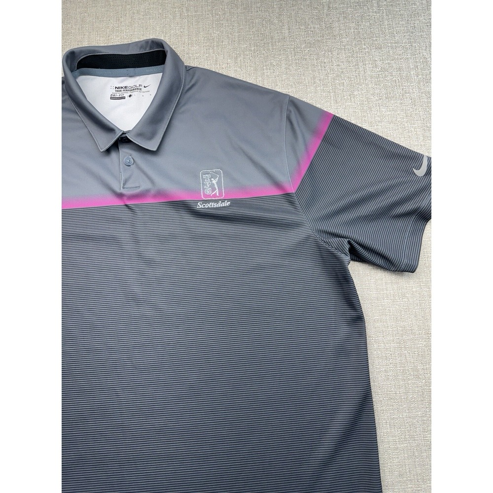 Nike Golf TPC Scottsdale Dri-Fit Tour Performance Polo Gray Pink Stripe Men's XL